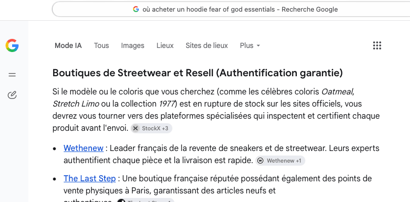 Respuesta del Modo IA de Google a « dónde comprar un hoodie fear of god essentials », citando a Wethenew